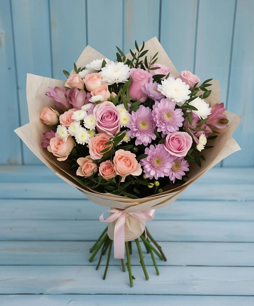 Букет цветов из: Хризантемы, Розы и Альстромерии в Снежинске