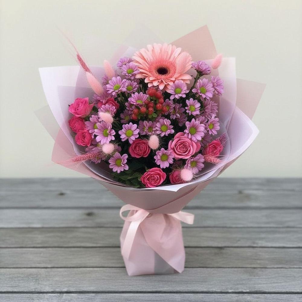 Букет цветов из: Розы, Герберы и Хризантемы в Снежинске